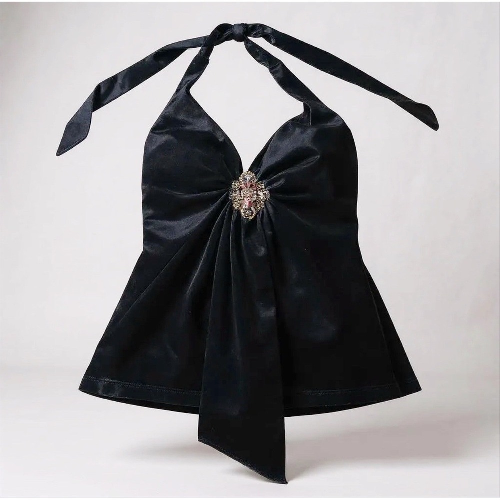 Cache Black Halter Top with Embellishment